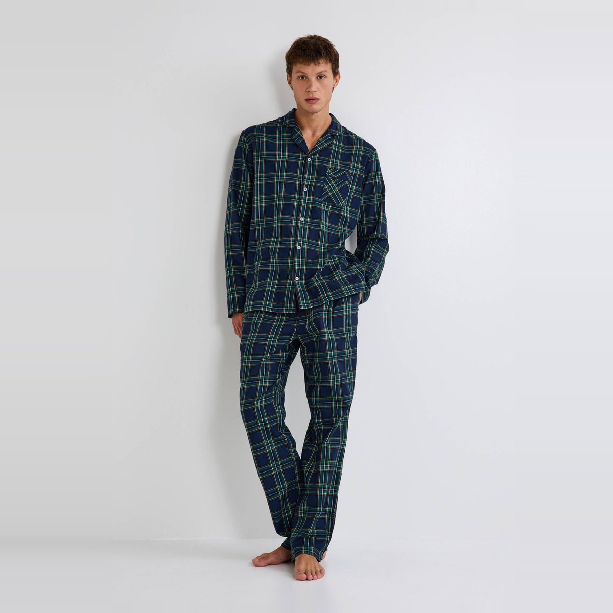 Pyjama long à carreaux en coton BIO marine, MONOPRIX
