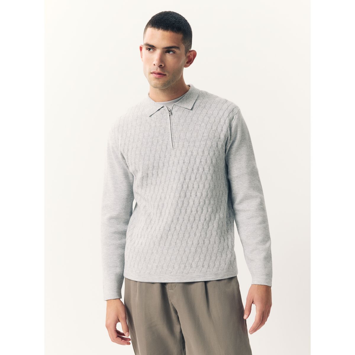 Polo regular en maille à col zippé gris, NEXT