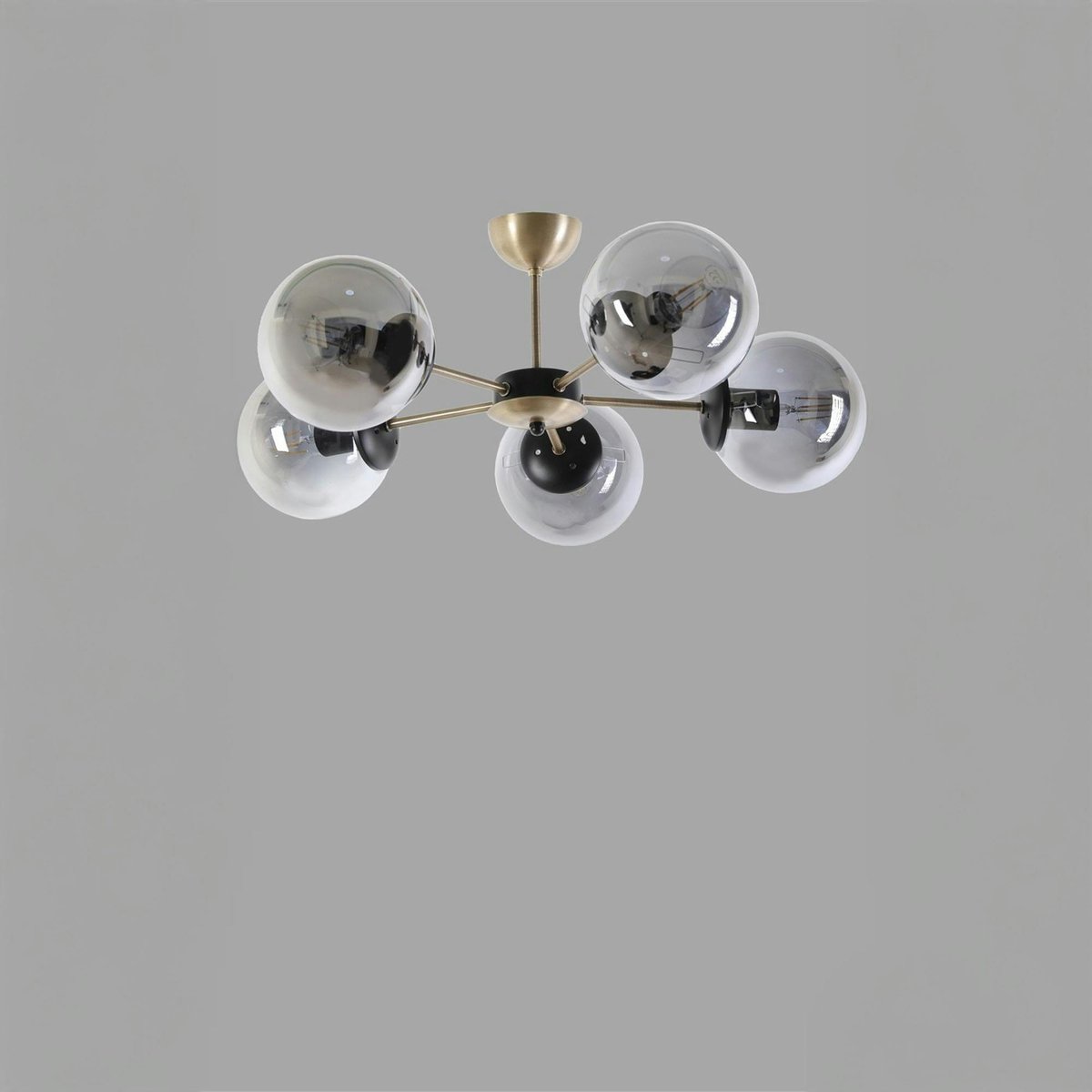 Suspension moderne de salon, 5 globes verre fumé SIERRE doré, PIER IMPORT