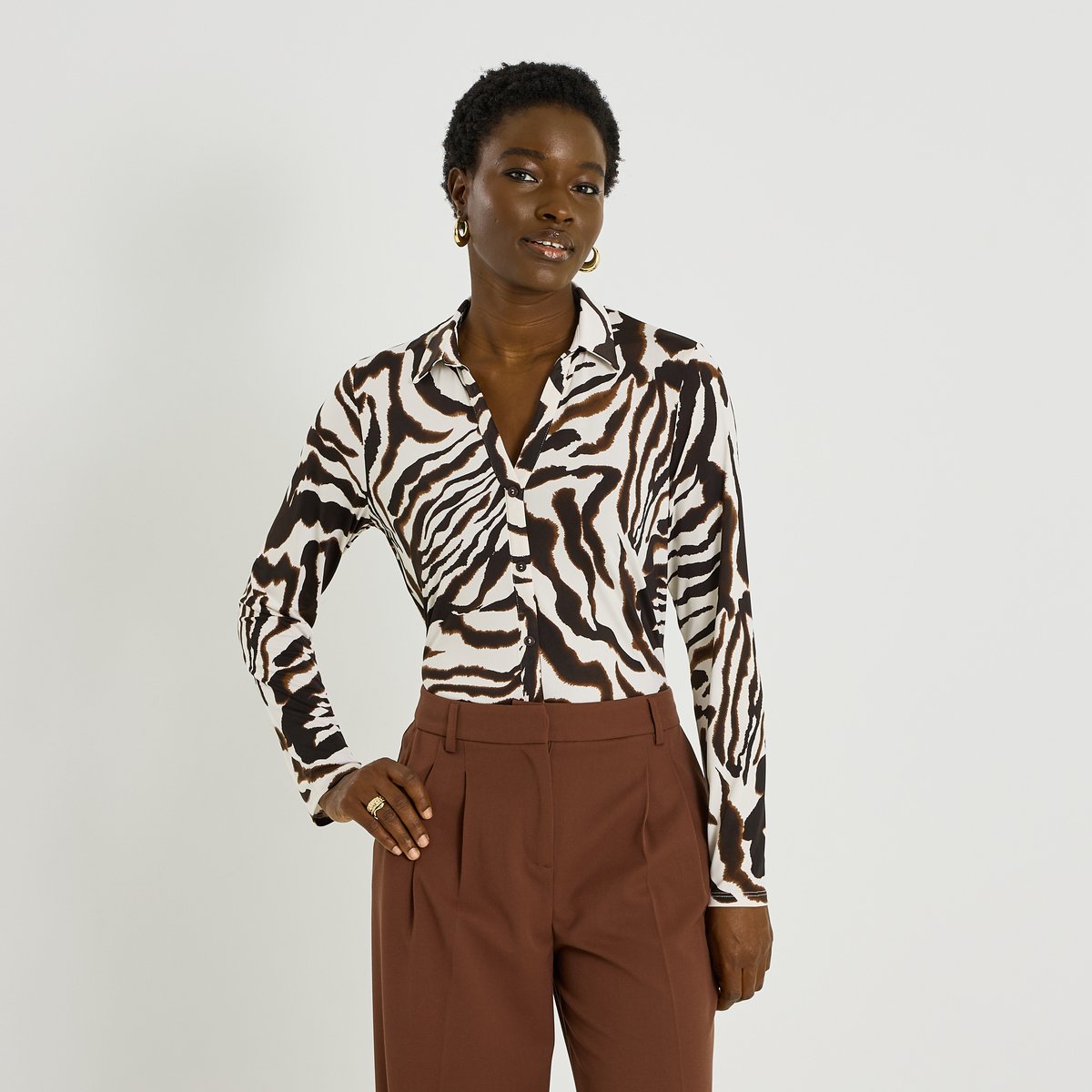 Chemise en maille imprimé zébré marron chocolat, GRAIN DE MALICE