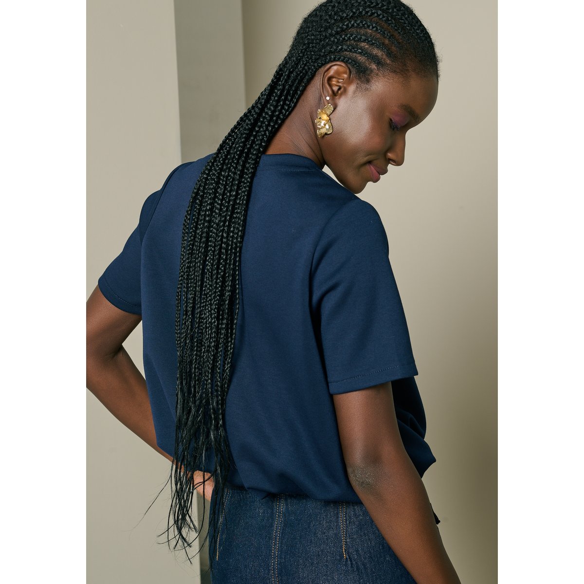 T-shirt col rond effet boule bleu marine, LOLALIZA