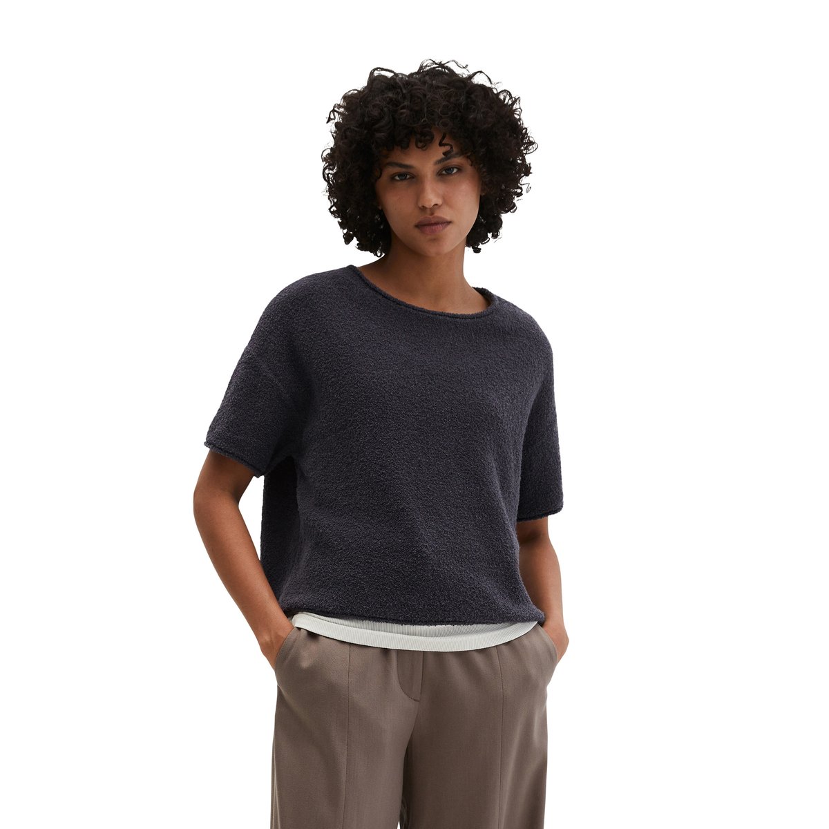Pull à manches courtes oversize en fil bouclé gris foncé, MARC O'POLO
