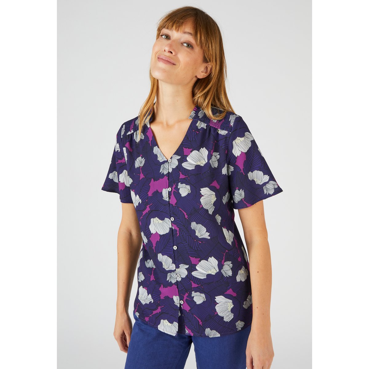 Chemisier à smocks imprimé bleu feuillage, DAMART