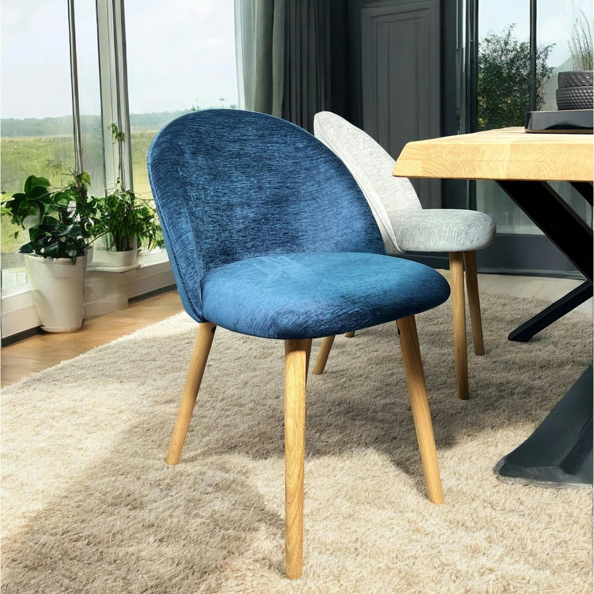 Chaise scandinave en bois et velours bleu (lot de 2) ETNA bleu, PIER IMPORT