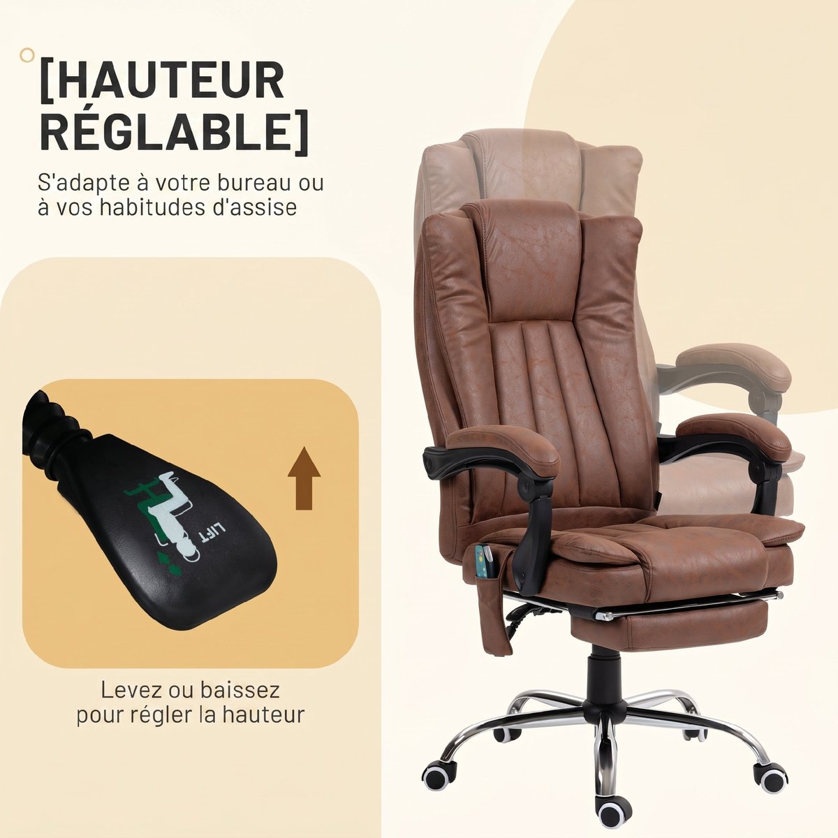 Fauteuil de bureau avec fonction massage marron, HOMCOM