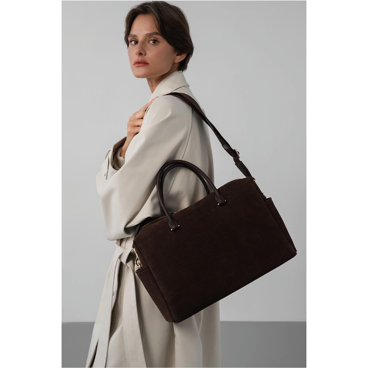 Borsa weekend in pelle scamosciata marrone, LANCASTER
