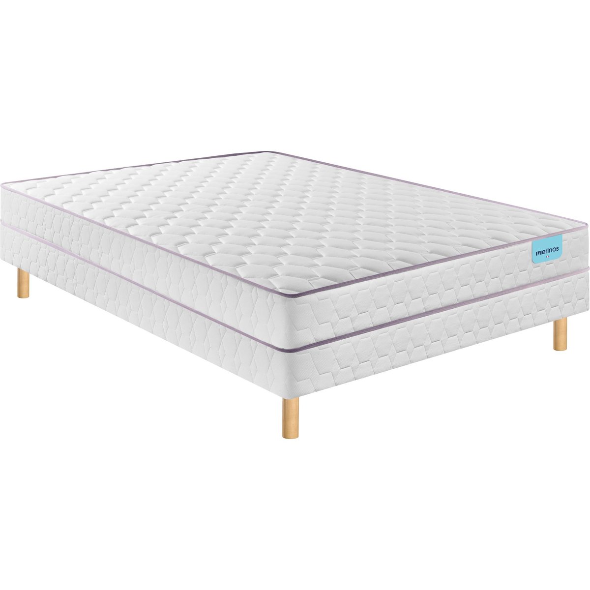 Ensemble matelas ressorts ensachés NATTY, sommier TWIST et pieds blanc, MERINOS