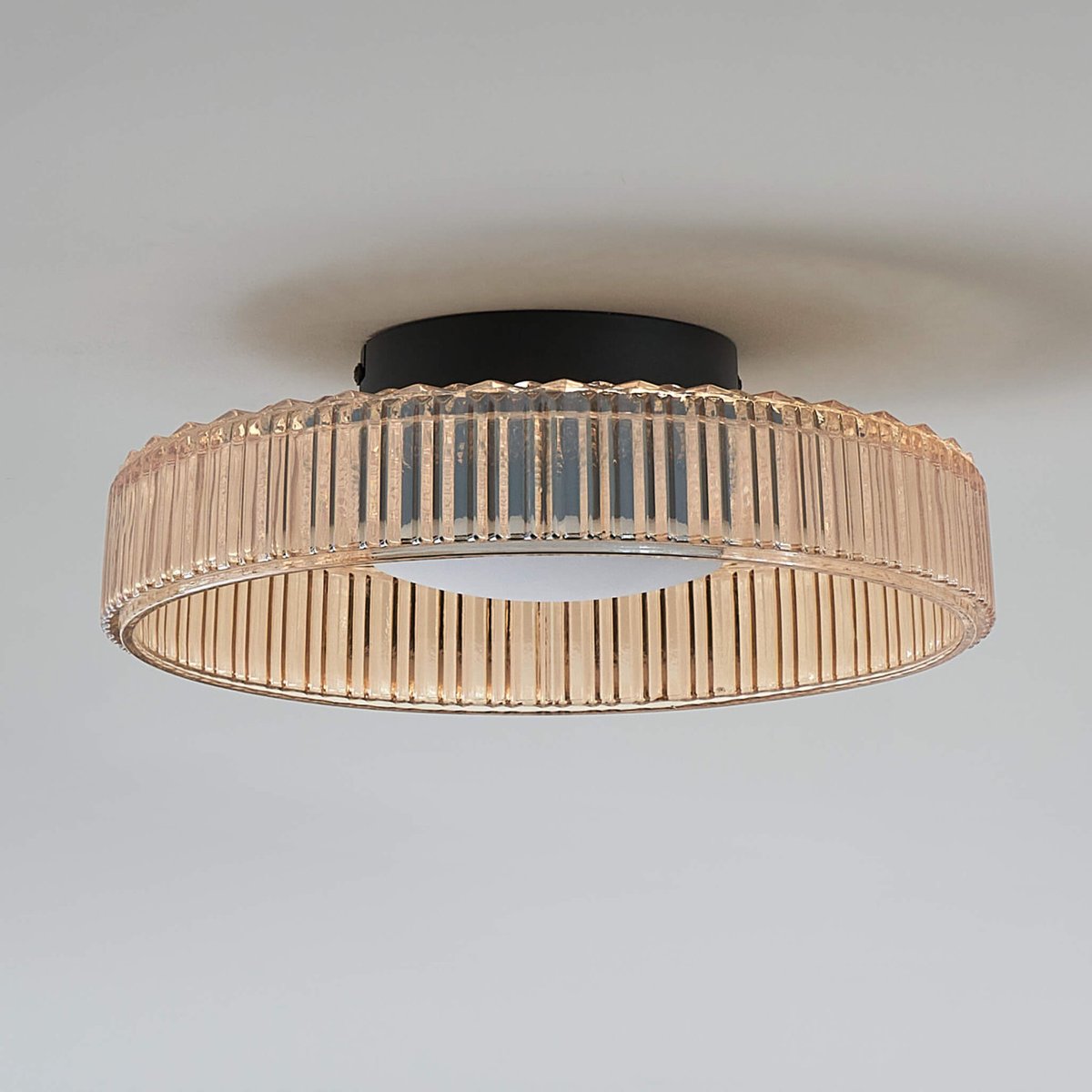 Plafonnier LED en verre ambré strié - DAMIAN noir et ambré, KOSILUM