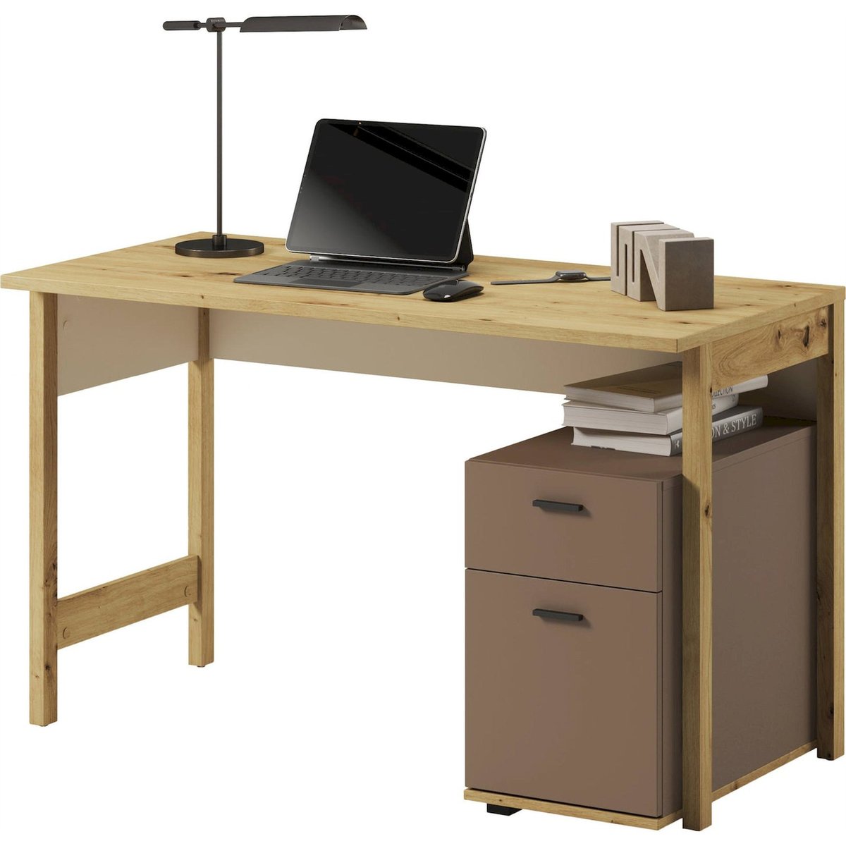 Bureau ado avec caisson intégré LENNY chêne artisan, beige et truffe, RECOLLECTION