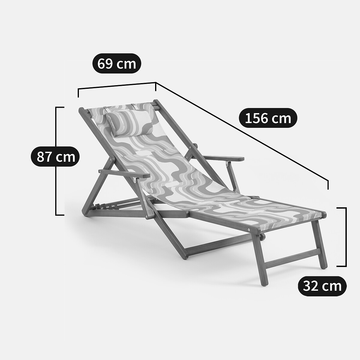 Chaise longue en acacia massif, tissu avec motif graphique, SONGE ORANGE orange/jaune, MAPOÉSIE X LA REDOUTE INTÉRIEURS