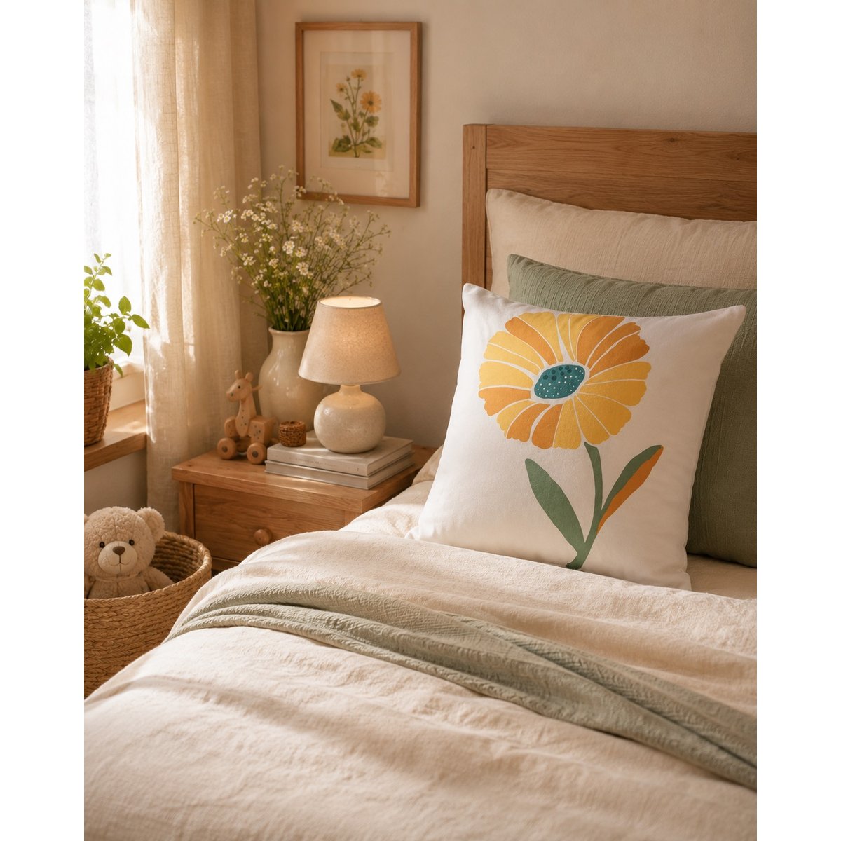 Taie d'oreiller percale de coton motif floral jaune, EDEN
