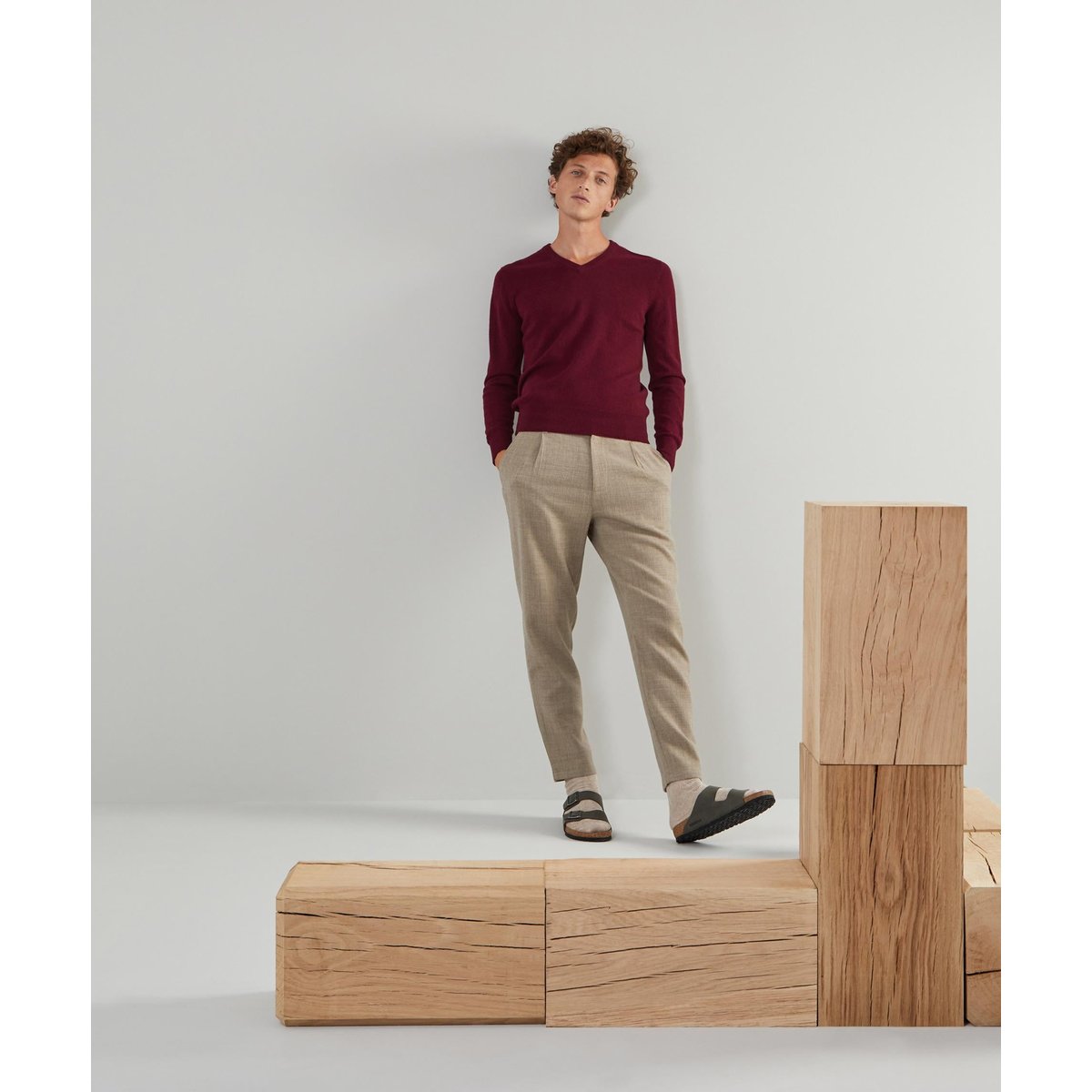 Pull homme col V en cachemire 2 fils bordeaux, RODIER