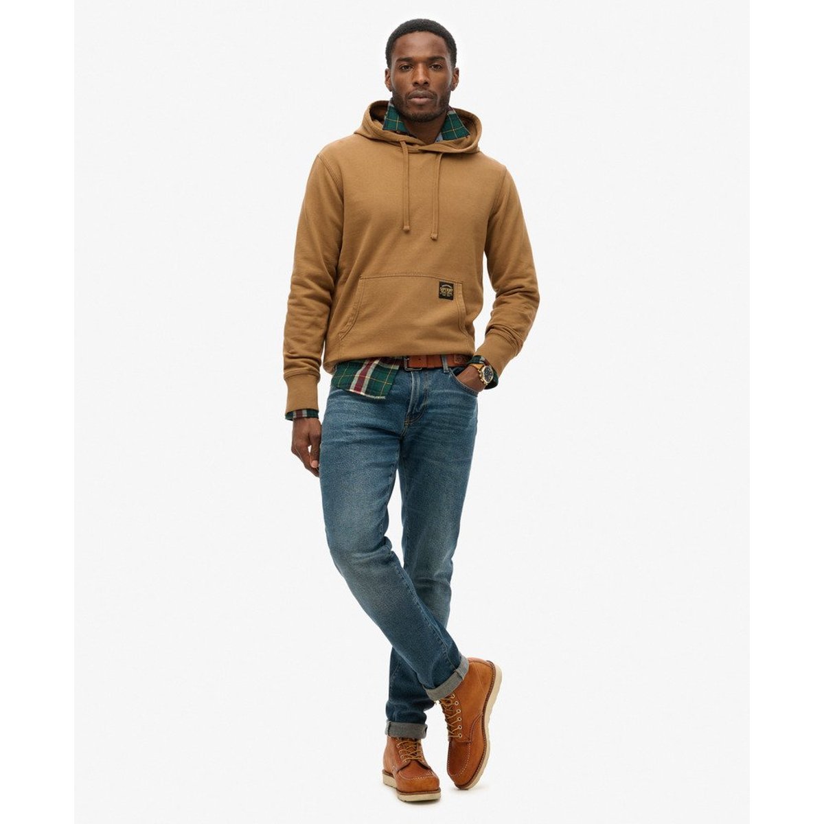 Sweat à capuche décontracté avec surpiqûres contrastées camel brun classique délavé, SUPERDRY