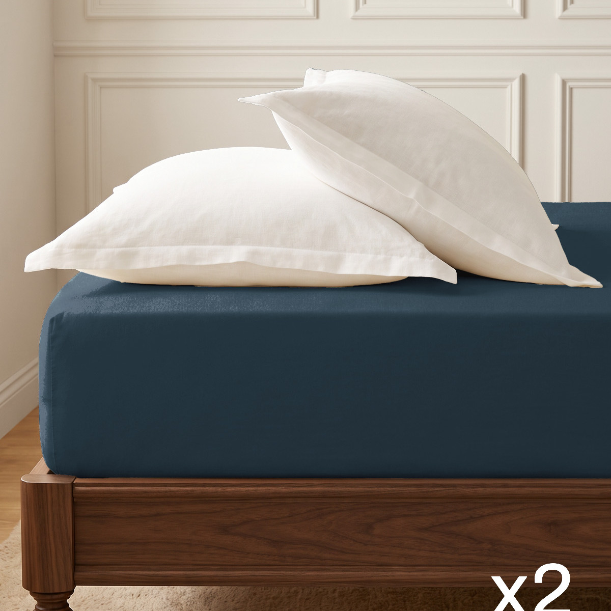 Lot de 2 draps housse flanelle coton bonnet 30 cm KLAPPEN indigo, SENSEI MAISON