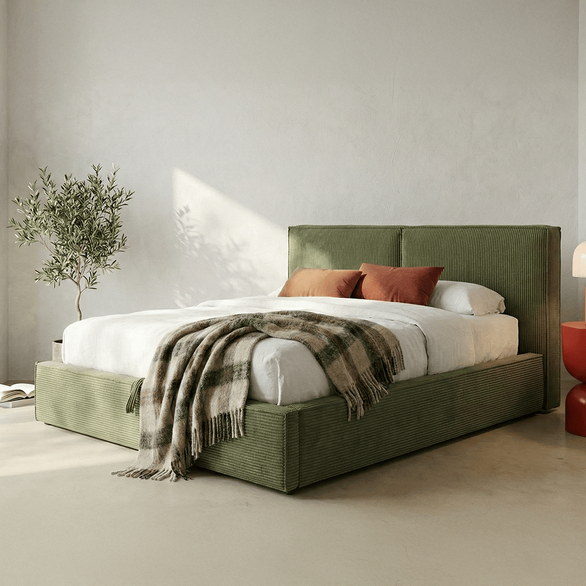 Lit coffre avec tête de lit en velours côtelé - ARNO vert kaki, HOMIFAB