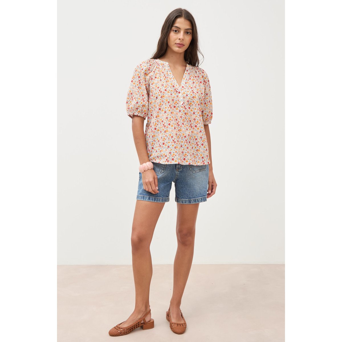 Blouse droite en coton manches courtes orange foncé, BONOBO