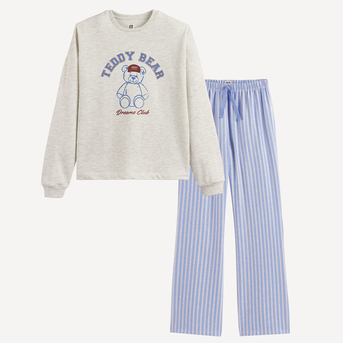 Pijama com parte de cima em moletão, parte de baixo em popelina, padrão Teddy bear e riscas cinzento/azul, LA REDOUTE COLLECTIONS