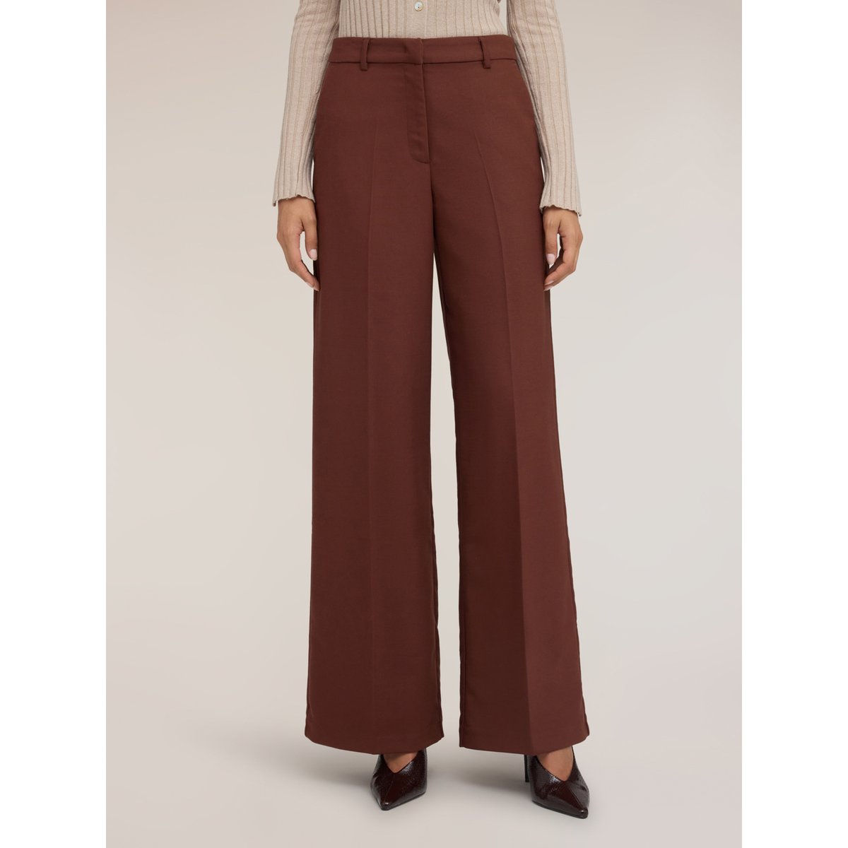 Pantalon palazzo taille haute avec pli marqué marron, MOTIVI