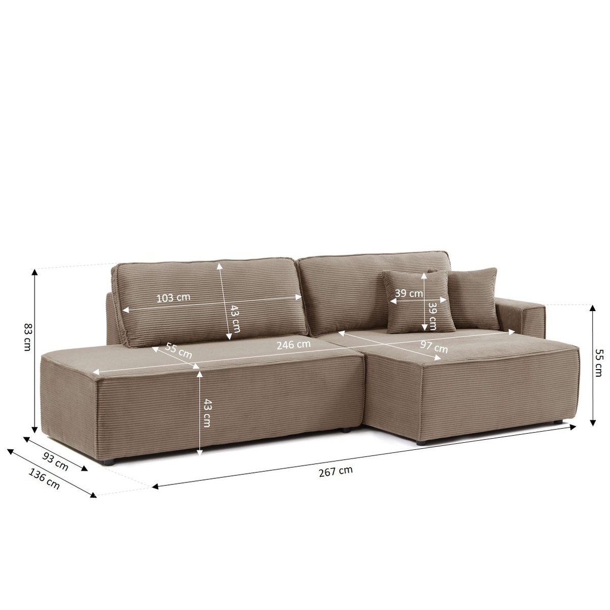 Canapé d'angle droit convertible velours  ZOLA taupe, BAÏTA