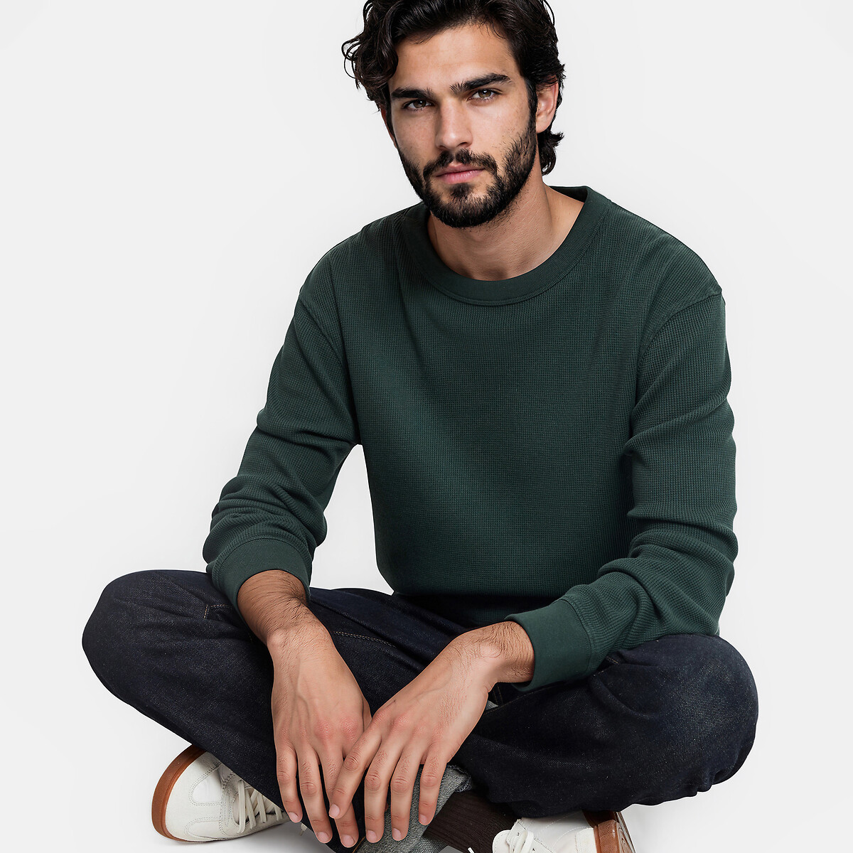 T-shirt col rond manches longues, en coton gaufré vert foncé, LA REDOUTE COLLECTIONS