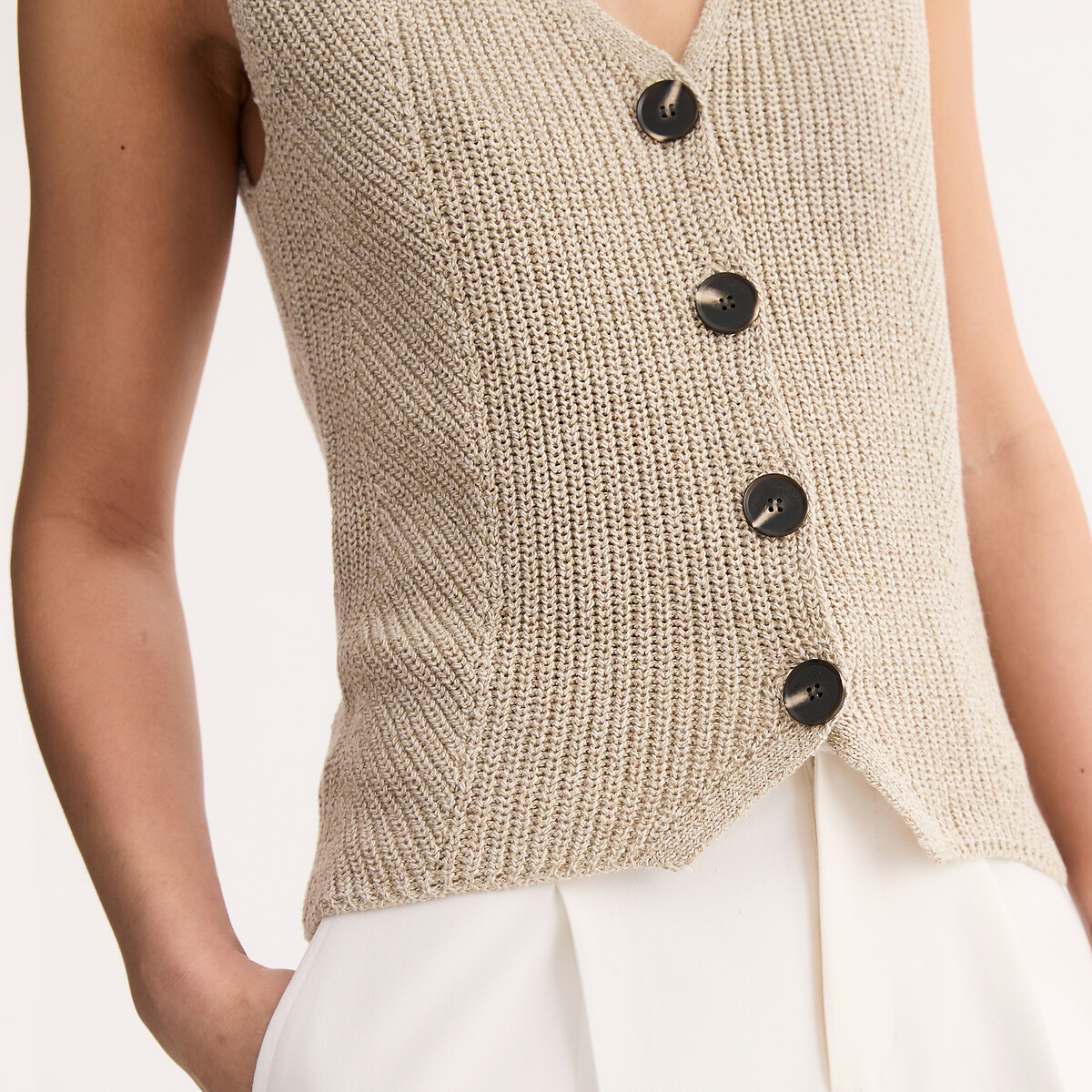 Gilet sans manches en grosse maille lin et coton lin naturel, ANNE WEYBURN