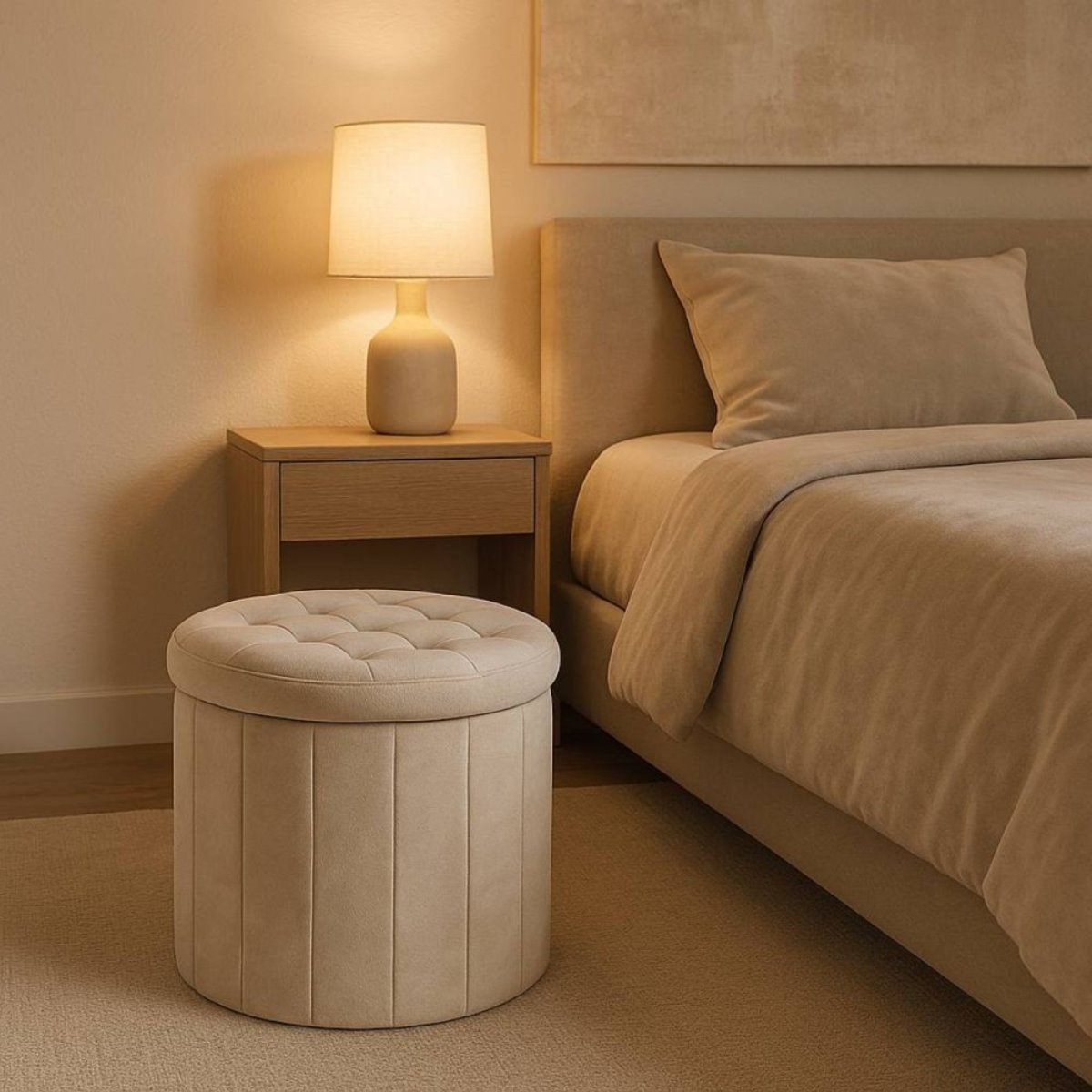 Pouf coffre en velours 38cm beige, ORNAMI