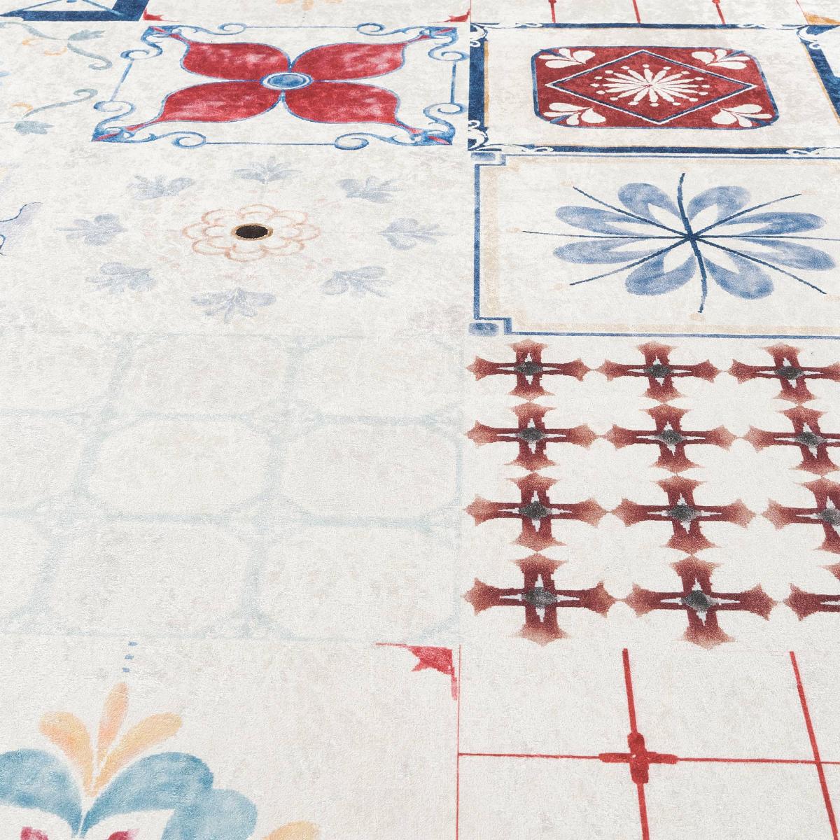 Tapis de cuisine, motif traditionnel kilim, tissé, LYN11 LISBONNE bleu, rouge, multicolore, UN AMOUR DE TAPIS
