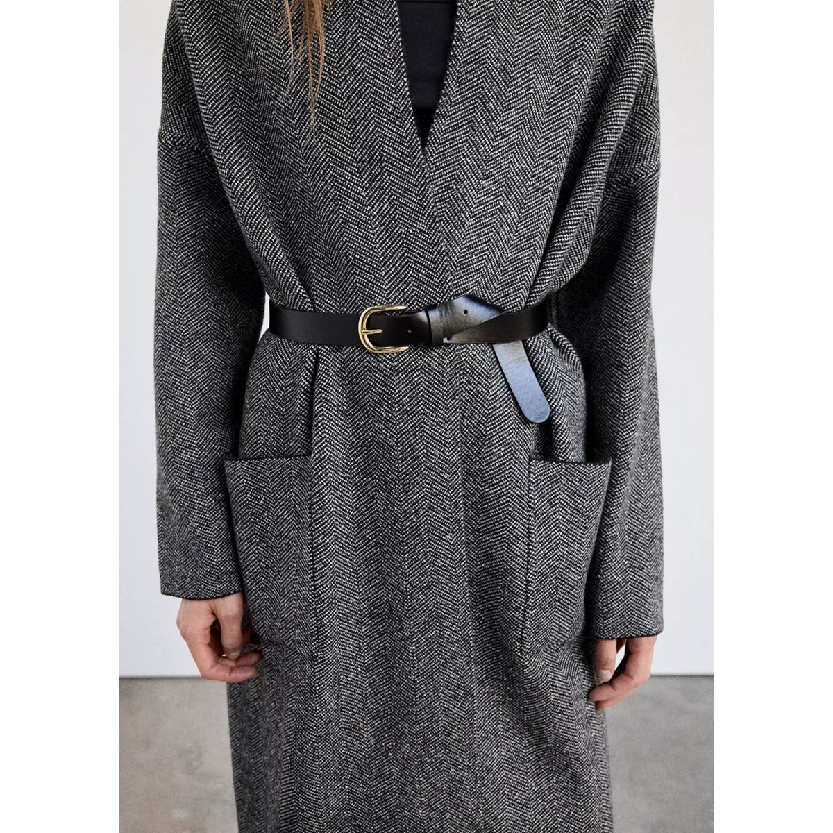 Manteau maille ceinture noir, MANGO