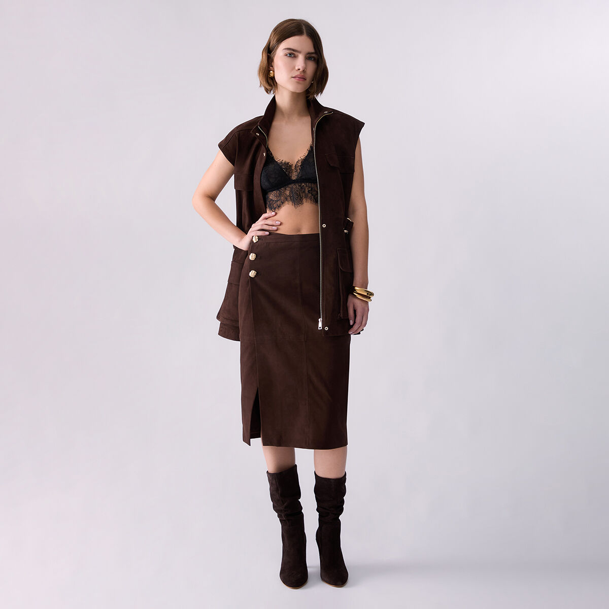 Jupe mi-longue en daim cacao, LIU JO
