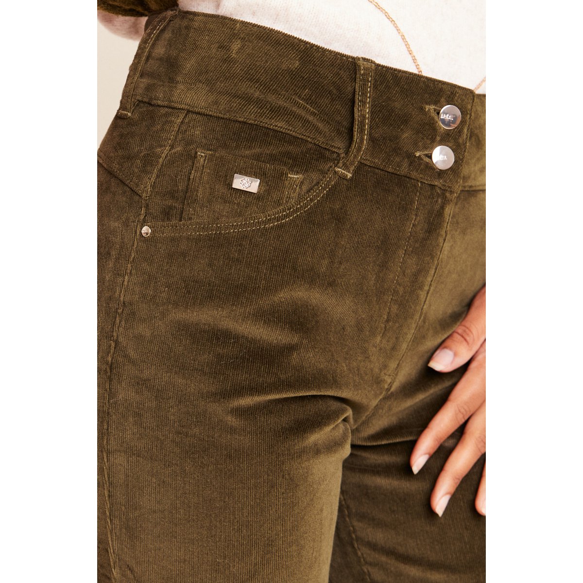 Pantalon taille haute en velours vert kaki, BREAL
