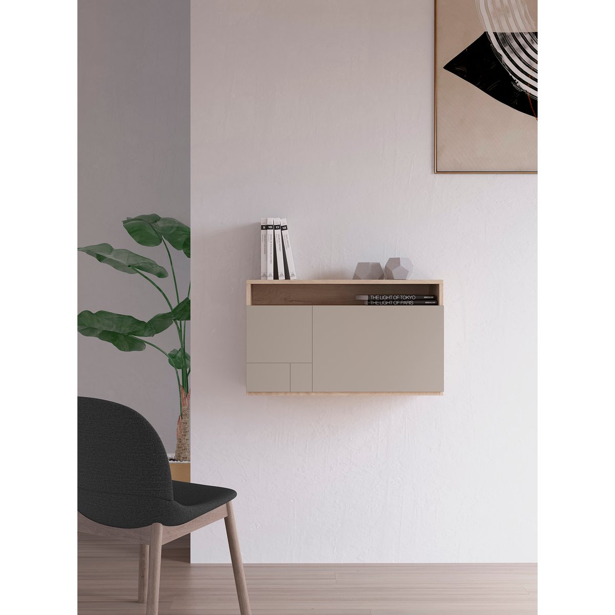 Bureau placard porte rabattable, OPORTO chêne clair-taupe, HERDASA