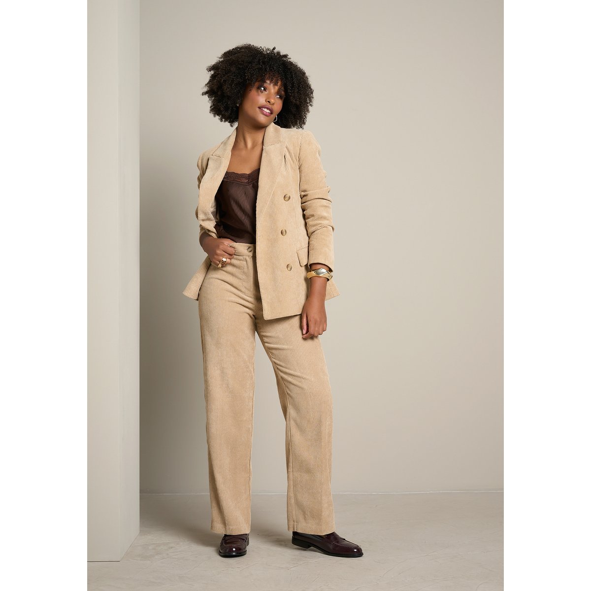Blazer croisé en velours côtelé lt beige, LOLALIZA