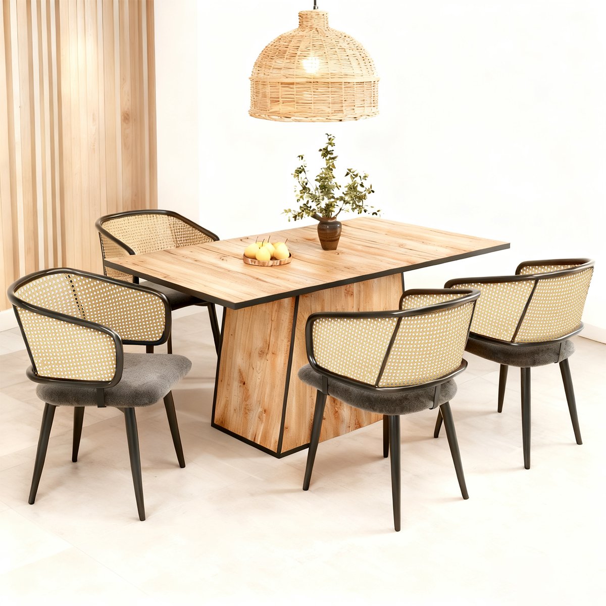 Lot de 4 chaises de salle à manger en velours avec dossier en rotin, pieds en métal noir, style moderne, DEWR-BL gris, MEUBLES COSY