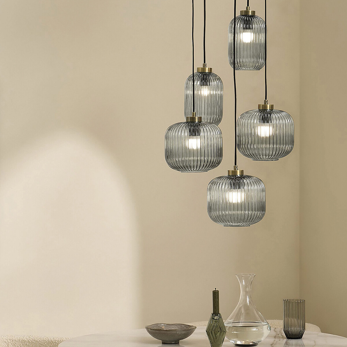 MADE.COM Briz 5-Light Ribbed Glass Pendant Light smoke grey, MADE