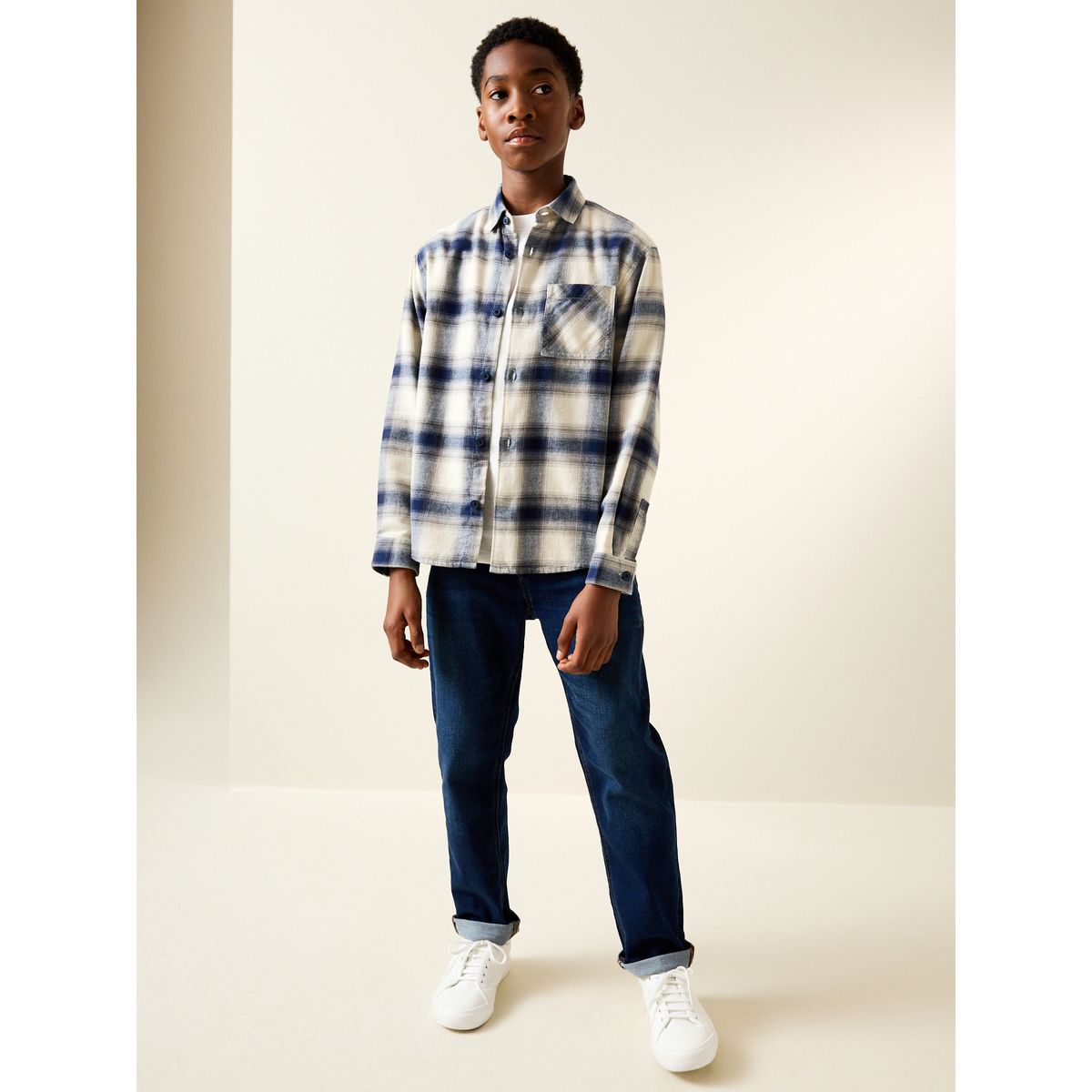 Chemise manches longues en coton à carreaux bleu/écru, NEXT