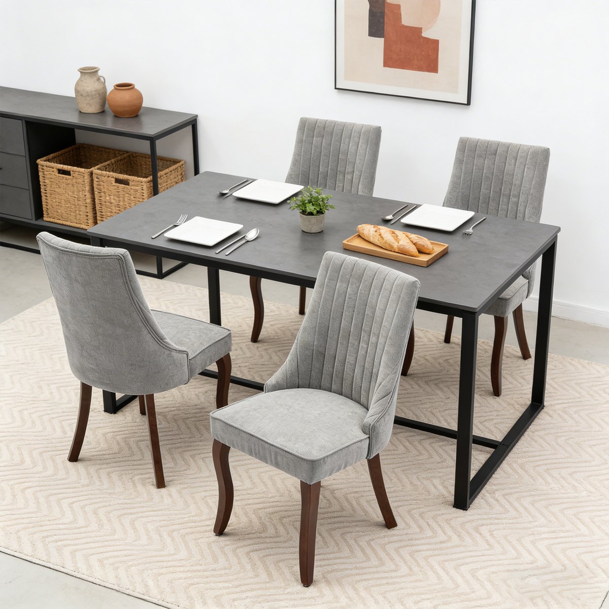 Lot de 4 chaises de salle à manger en tissu chenille avec pieds bois, GERRYB gris, MEUBLES COSY