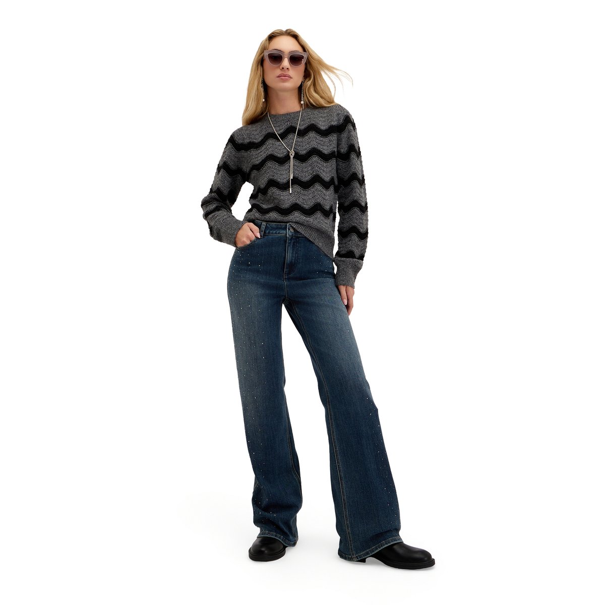 Jean large avec strass appliqués bleu, MOTIVI