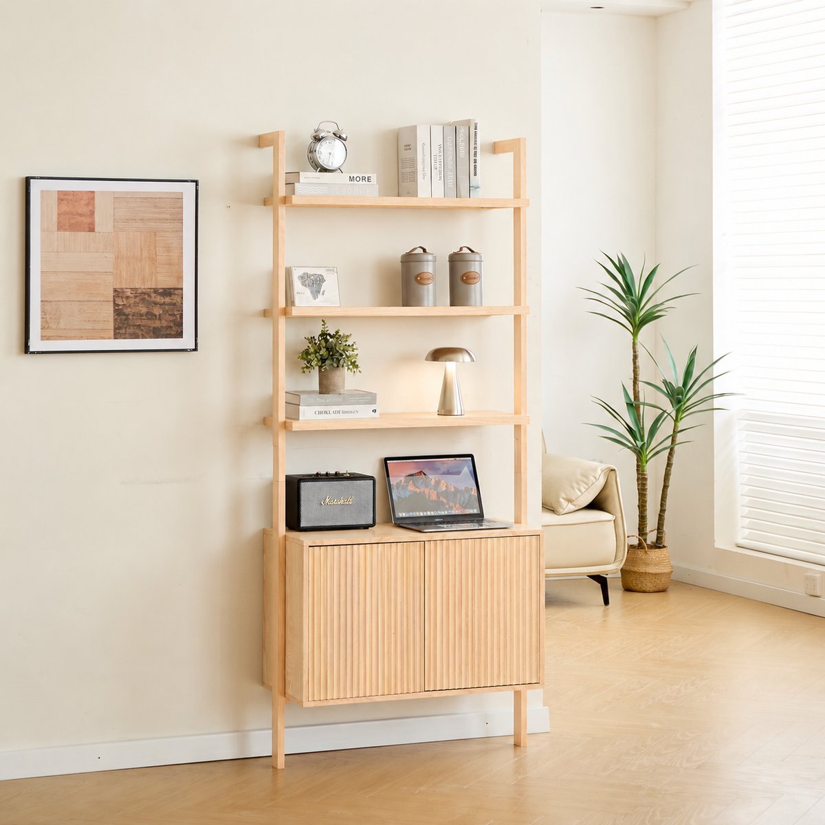 Etagère 3 niveaux + 2 rangements, bois, ETOSHA bois naturel, NORDLYS