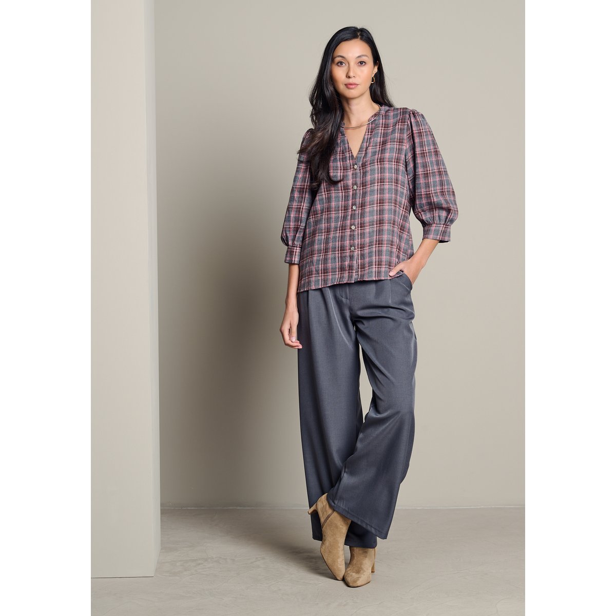 Blouse à carreaux manches ballon gris clair, LOLALIZA