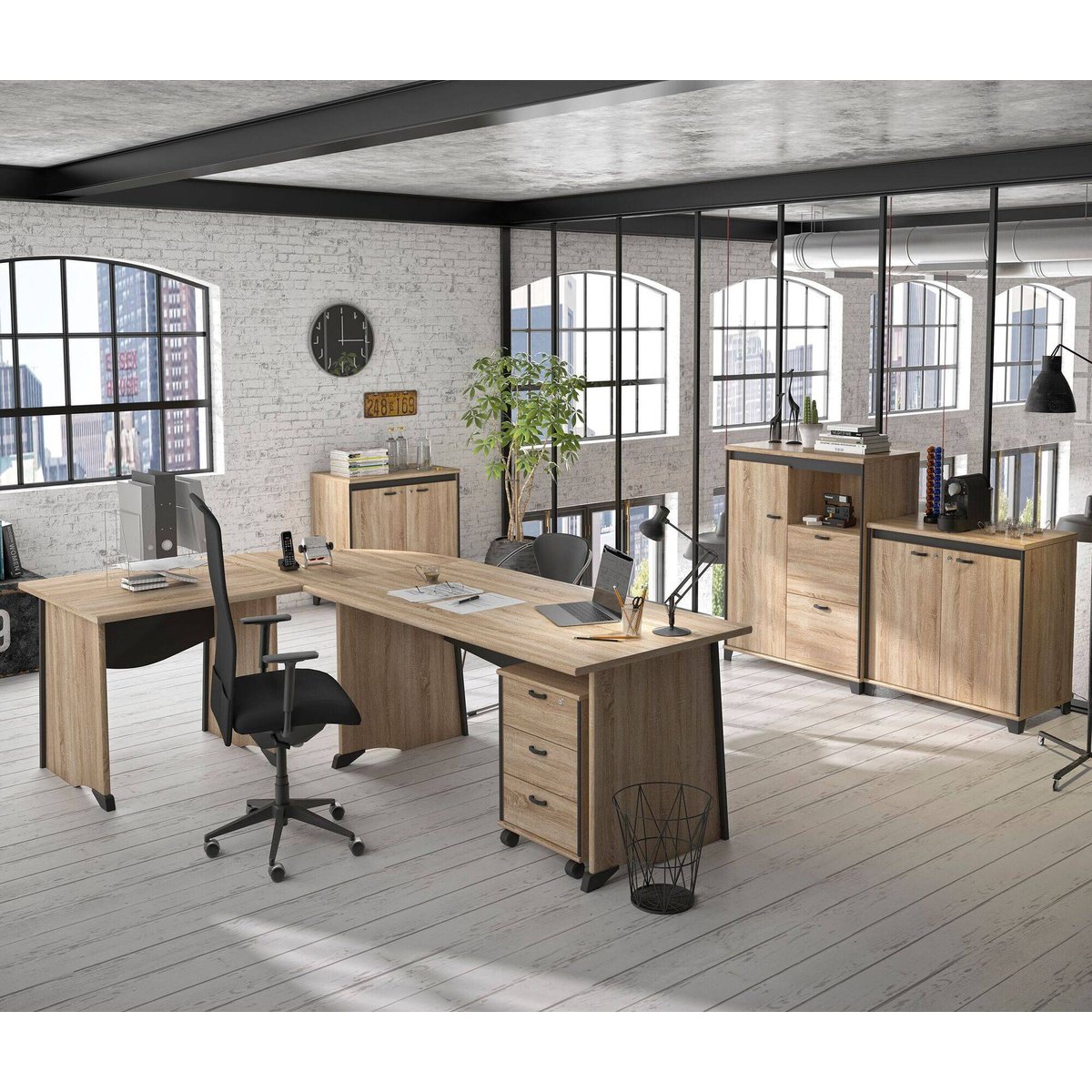 Bureau complet + caisson - GREGORY - Largeur 160 cm bois clair, CAMIF