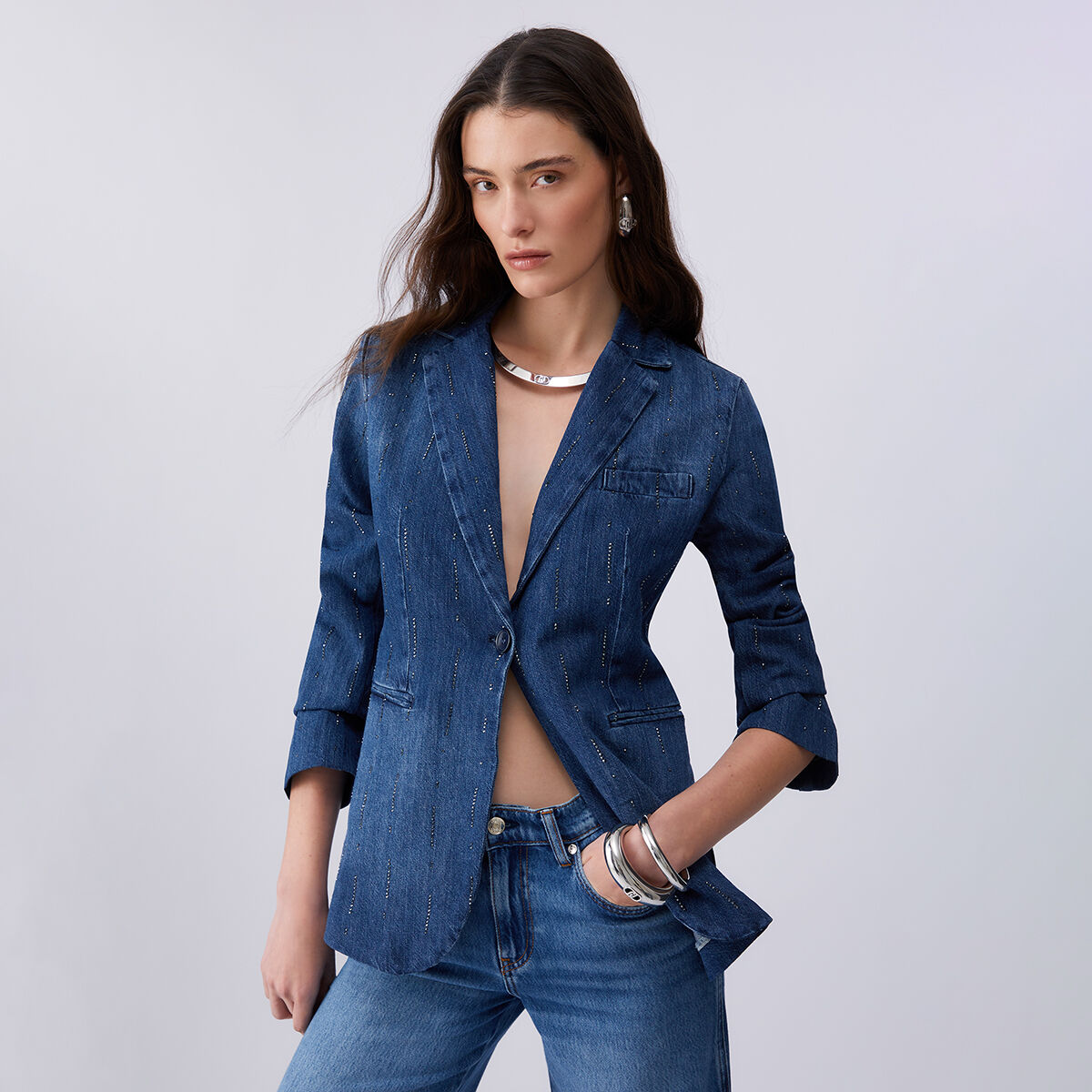 Blazer en toile denim avec strass denim bleu foncé, LIU JO