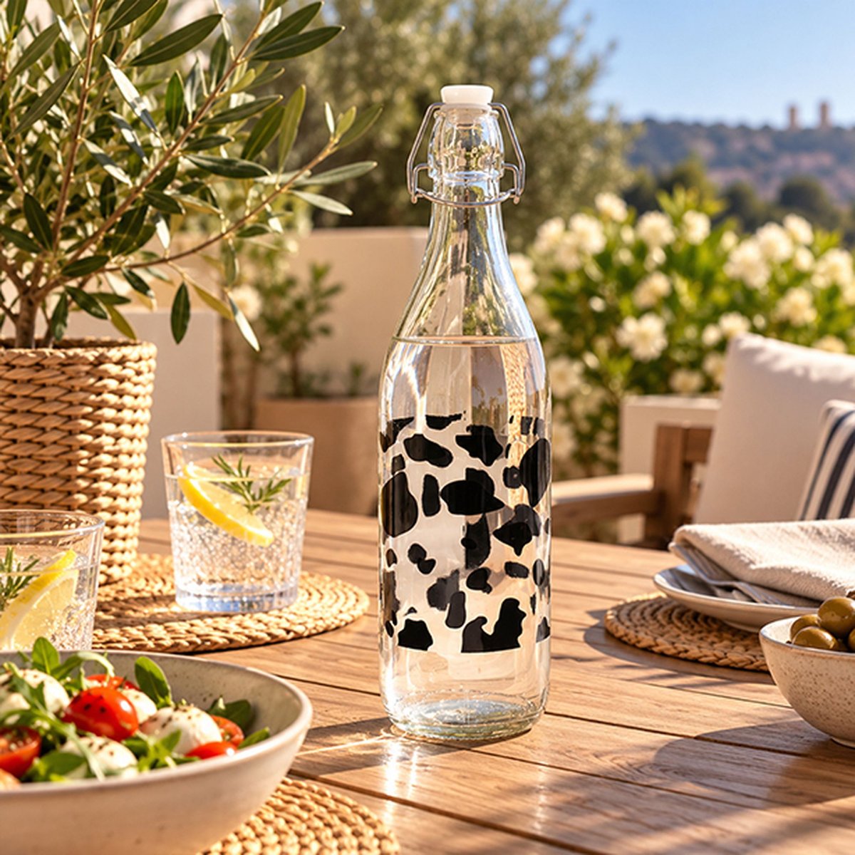 Bouteille 1 litre en verre, VACHE multicolore, NOVASTYL