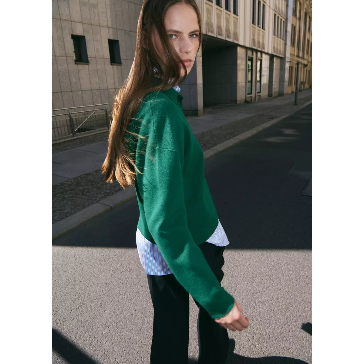 Pull-over maille col polo vert foncé, MANGO