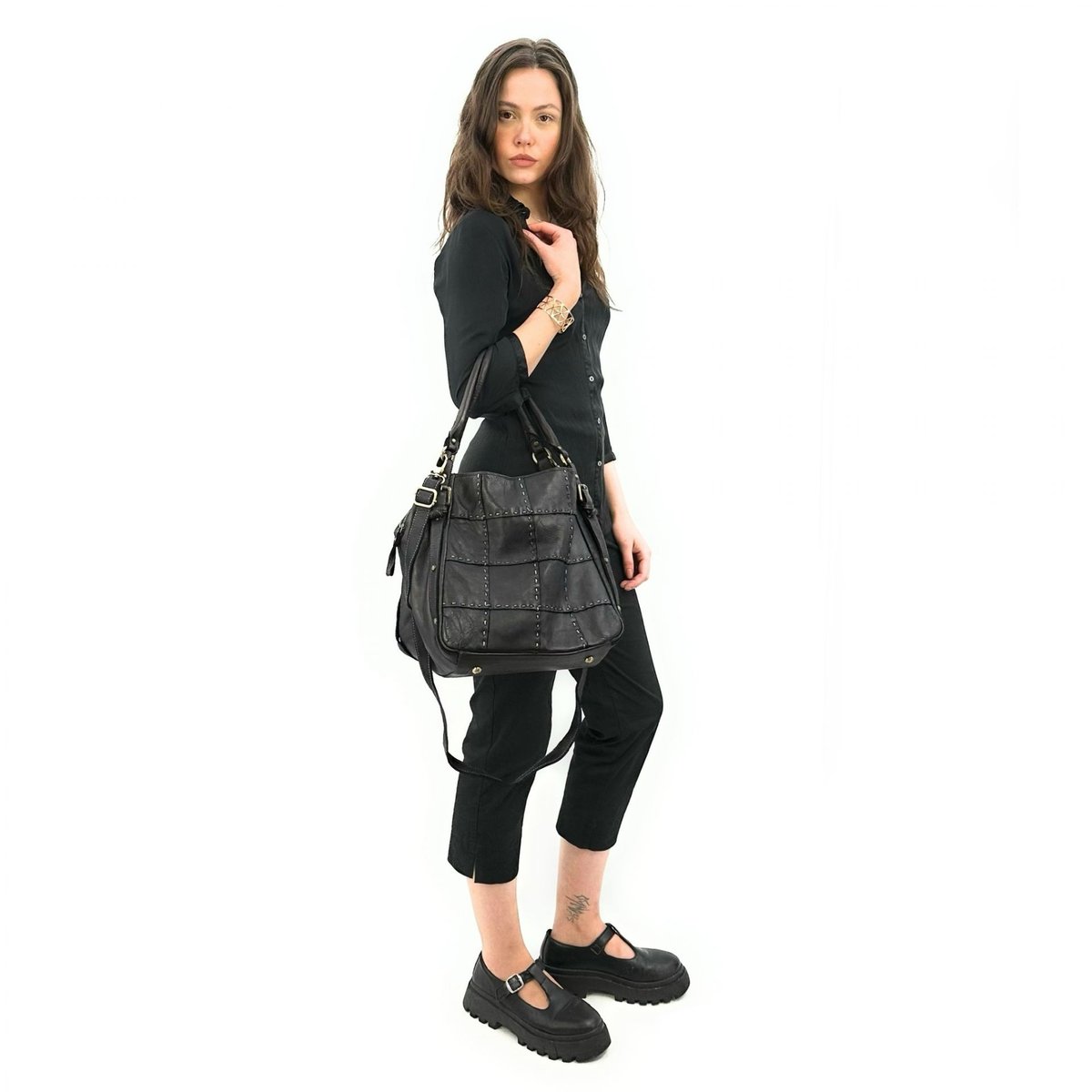 Sac à main en cuir vintage SHELLEY noir, OH MY BAG