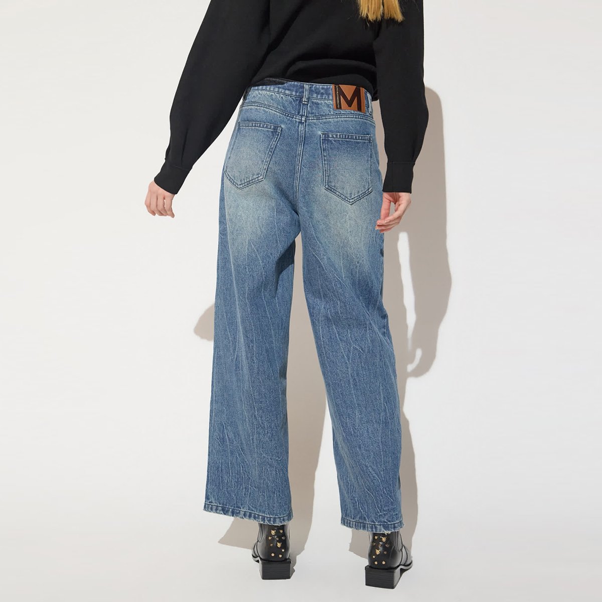 Jeans droit à strass et strass fleuri denim, LOLA CASADEMUNT