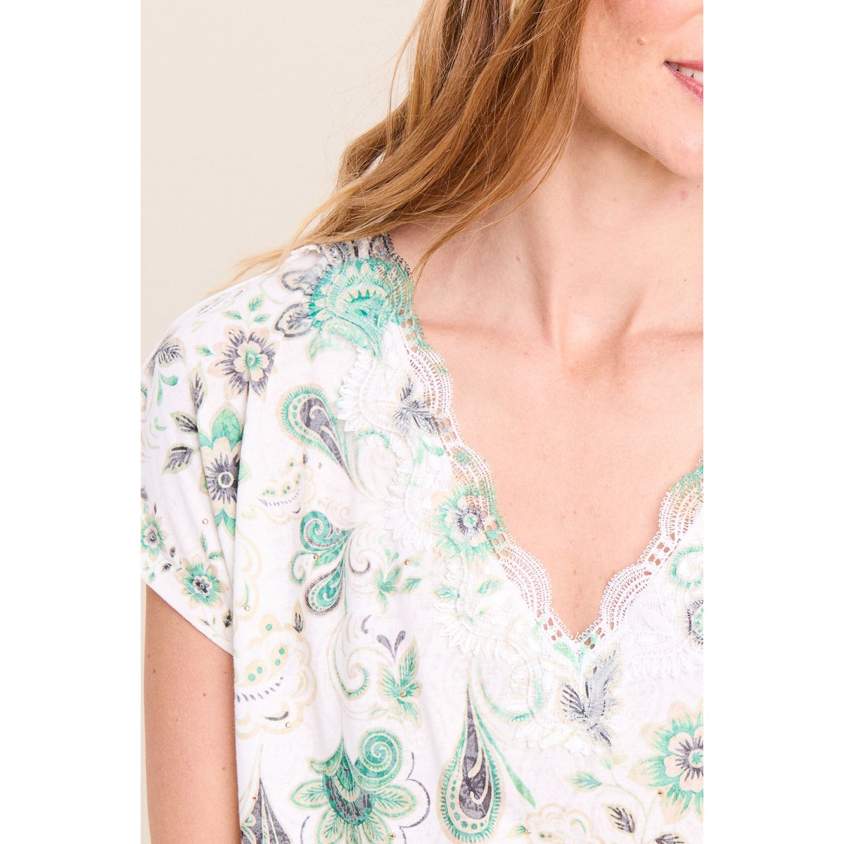 T-shirt col rond macramé manches courtes ecru, BREAL