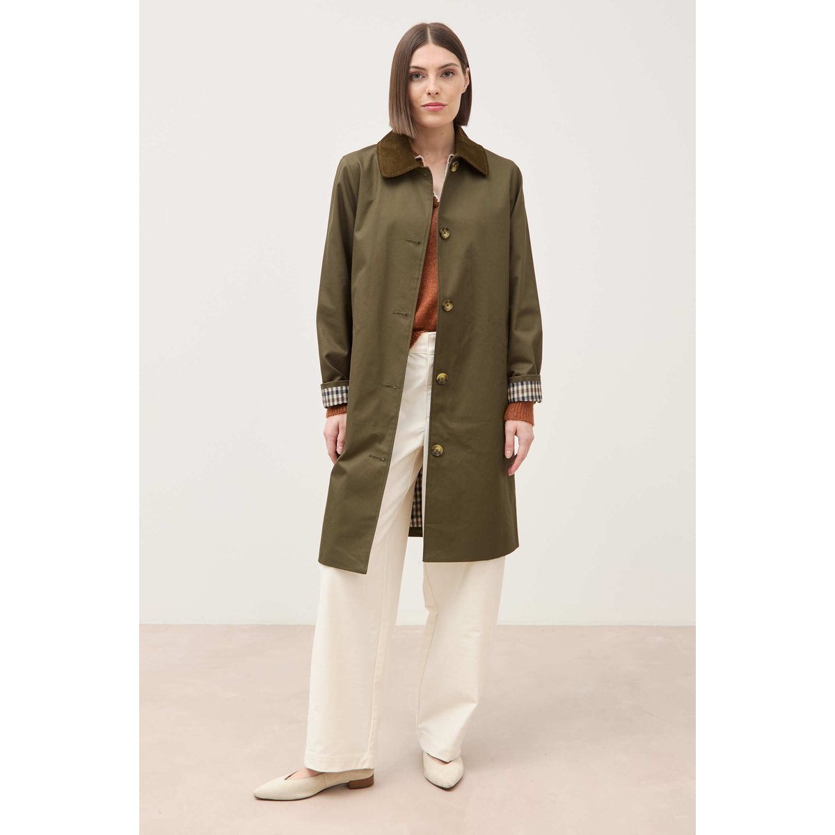 Trench droit long en coton doublé vert kaki, BONOBO