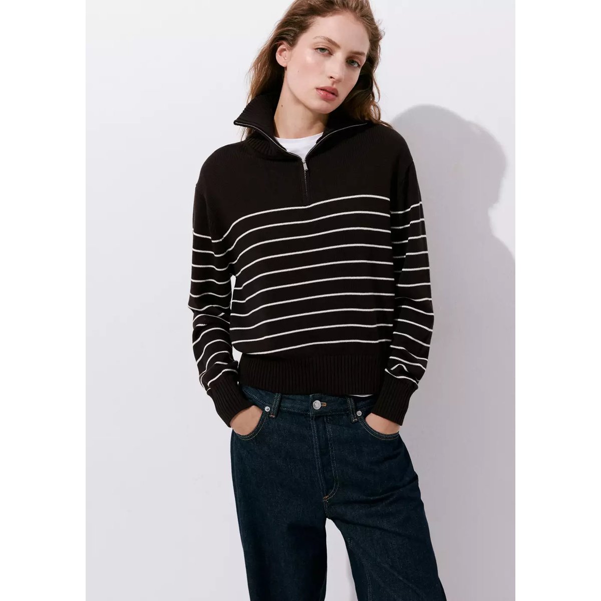 Pull-over zippé rayures marron, MANGO