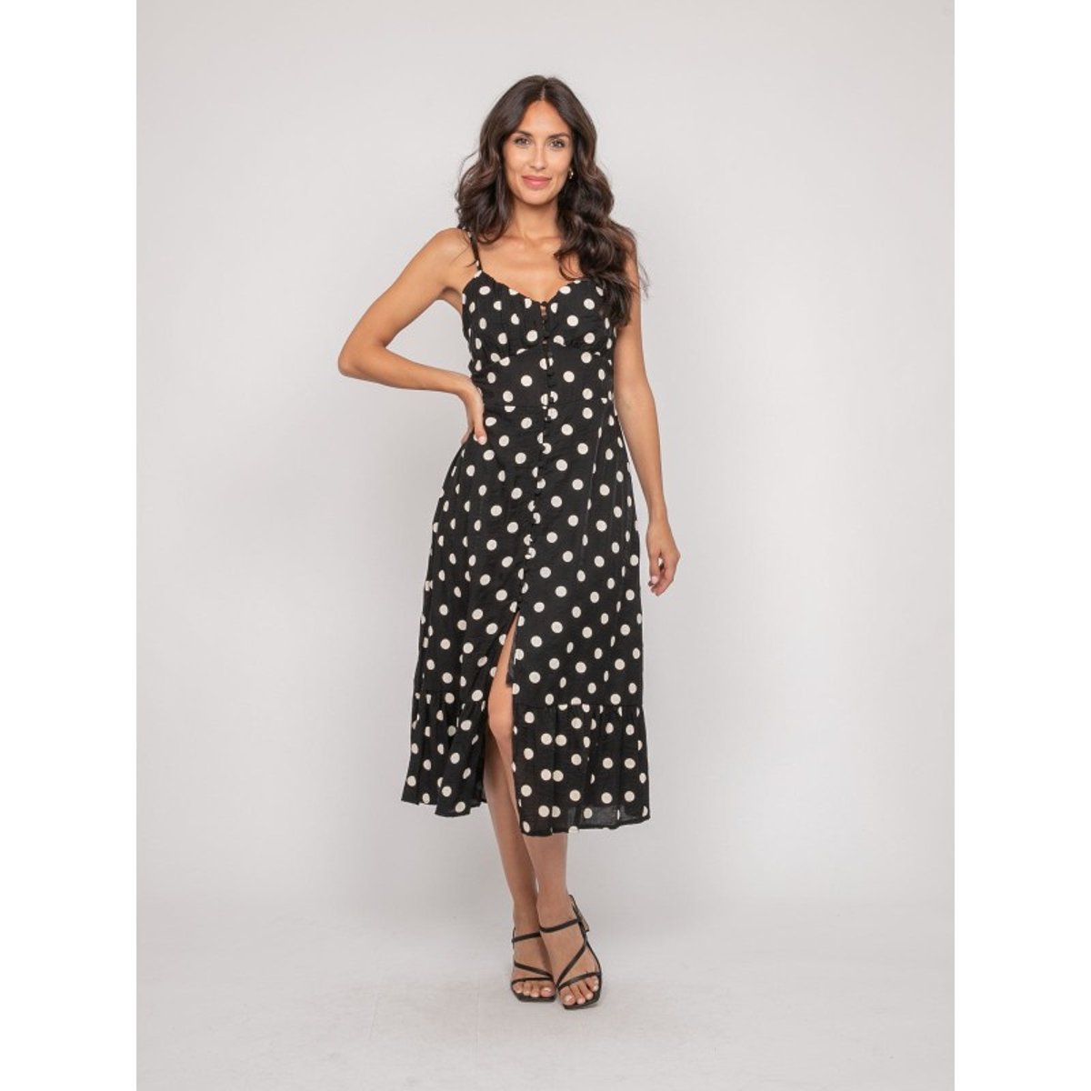 Robe Midi Fines Bretelles Motif Pois Ilomia noir, DONA LISA