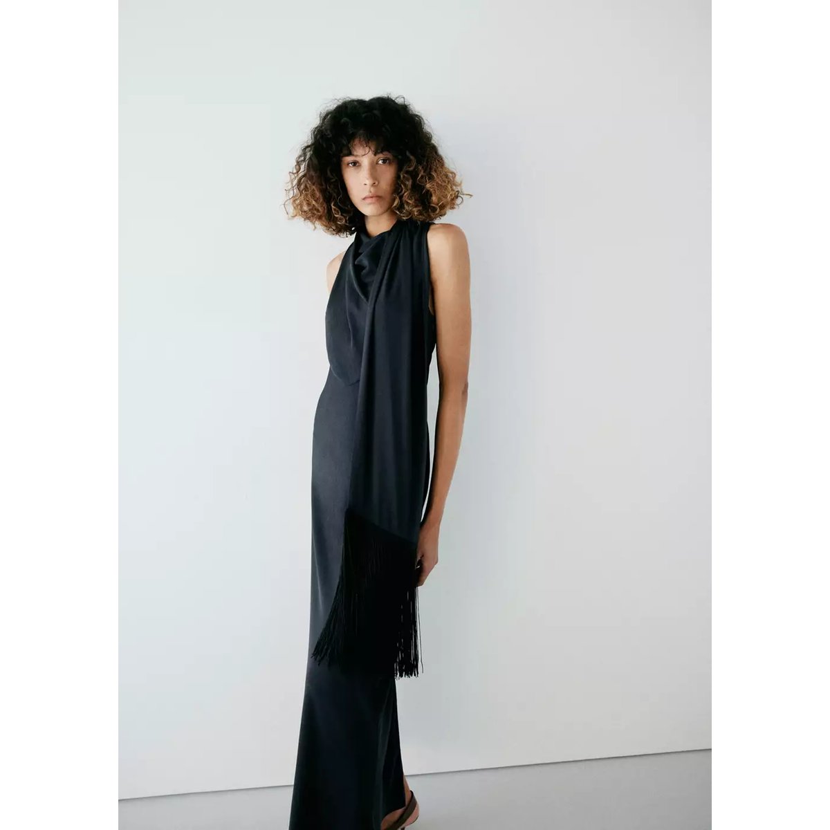 Robe col drapé avec foulard gris anthracite, MANGO